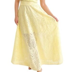 Katherine Karambelas Eyelet Maxi Skirt 
Size S Yellow Flowy Cottagecore Prairie